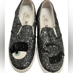 NEW Chiara FerragniDark Grey Glitter Flirting Wink Eye Leather Sneakers SZ 36